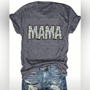 Women's Mama Lettered/Daisy Pattern Steel Gray TShirt. Various Sizes